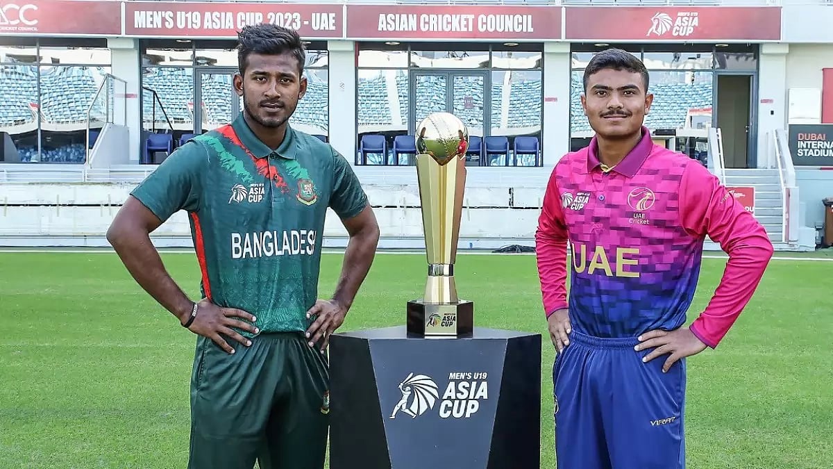 Bangladesh U-19 and UAE U-19 captains with the trophy on the eve of the final clash of the ACC U-19 Youth Asia Cup 2023