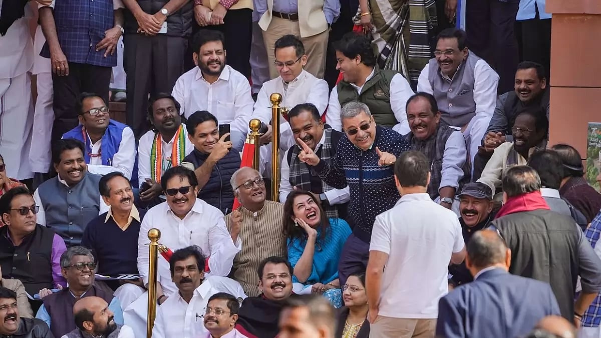 Congress MP Rahul Gandhi meets suspended MPs who were staging a protest outside Parliament