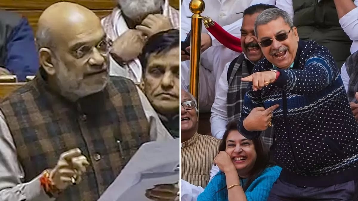 L: Amit Shah speaking in Lok Sabha | R: TMC MP Kalyan Banerjee mimicking Jagdeep Dhankhar. 