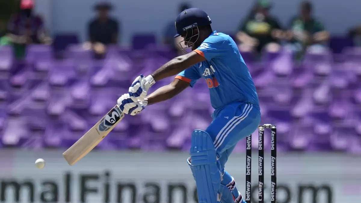 Sanju Samson plays a shot during his inning against South Africa in the 3rd ODI in Paarl