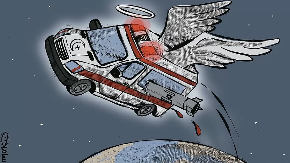 Artwork titled ‘Palestinian Ambulance’ by Mohammad Sabaaneh, a cartoonist who has organised two international exhibitions in Palestine