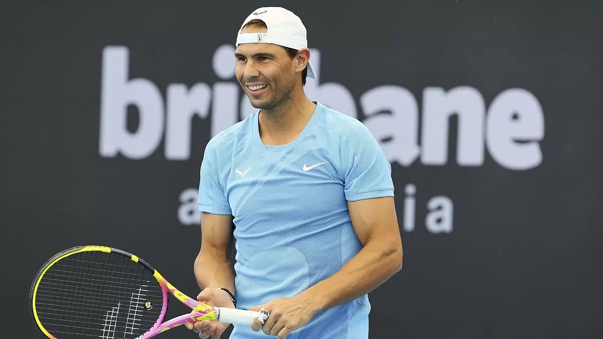 Rafael Nadal attends a training session ahead of the Brisbane International tennis tournament.