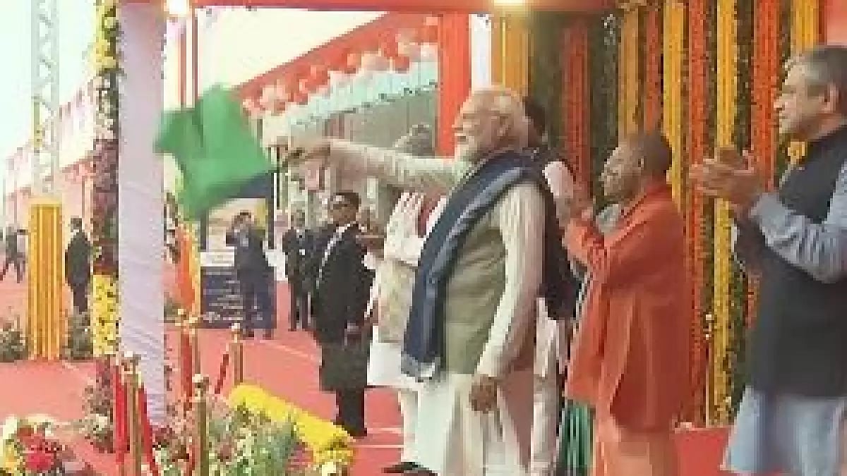 PM Modi flagging off two Amrit Bharat Express trains from Ayodhya Railway Junction.