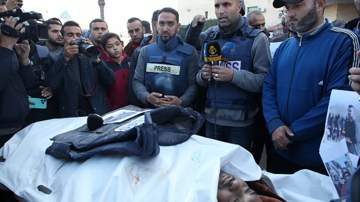 Relatives, colleagues of Al-Quds TV journalist Cebr Abu Hedrus, who died in an Israeli attack