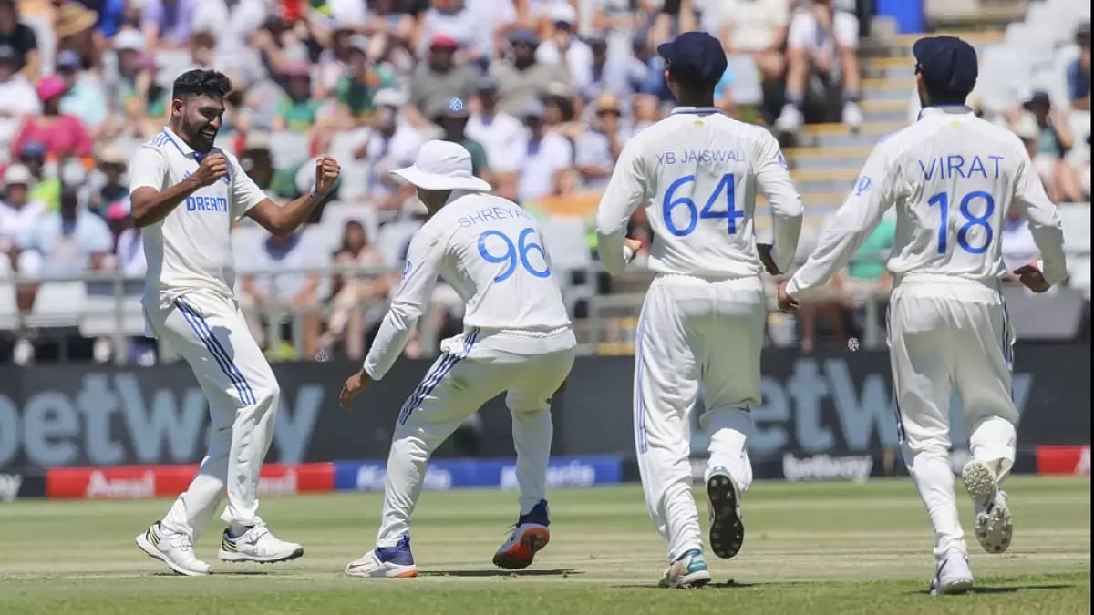 Mohammed Siraj celebrates his fifth wicket during the second Test match between South Africa and India in Cape Town.