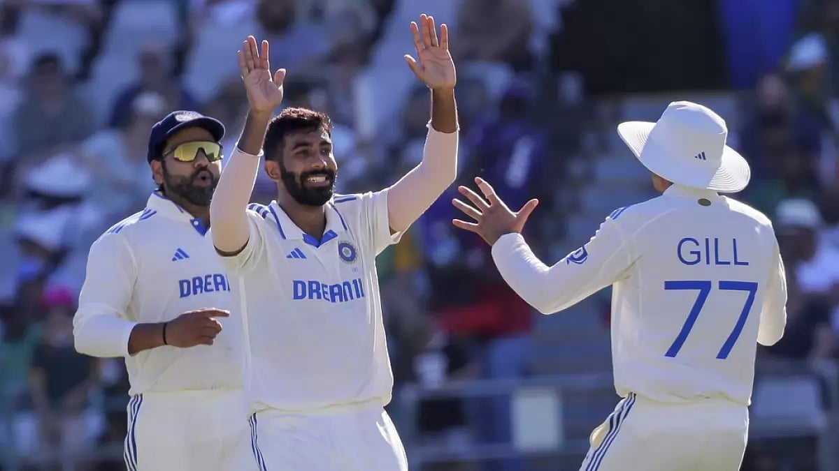 Jasprit Bumrah (C) celebrates the wicket of Tristan Stubbs during the second Test match between South Africa and India in Cape Town.