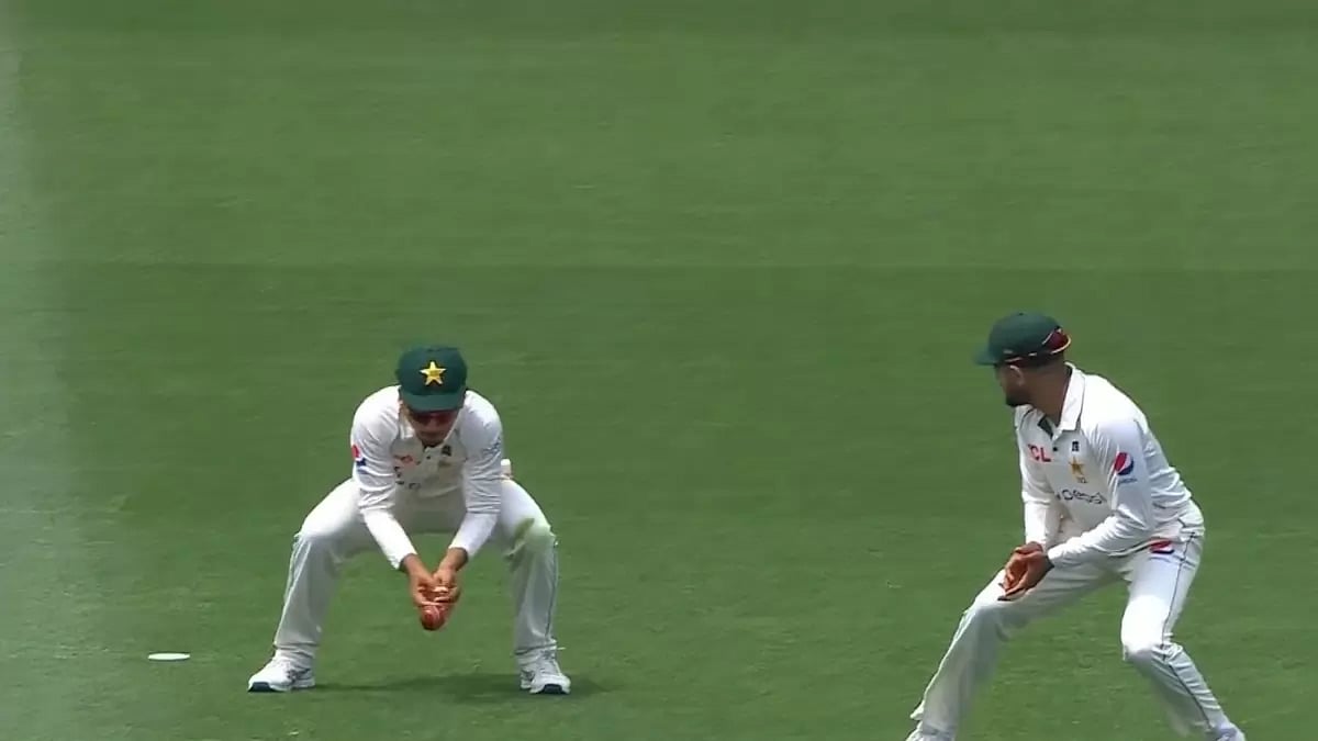 Saim Ayub drops a catch in the slips