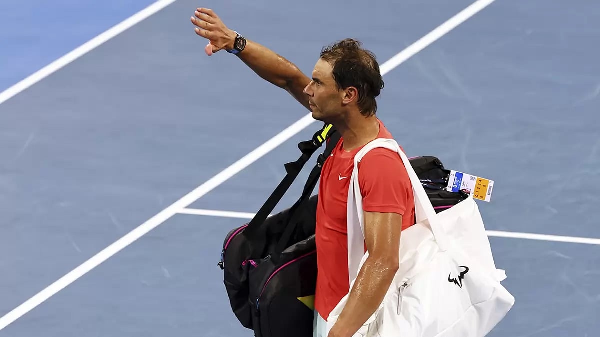 Rafael Nadal of Spain waves to the crowd after he lost his quarter-final match against Jordan Thompson of Australia during the Brisbane International tennis tournament in Brisbane, Australia.