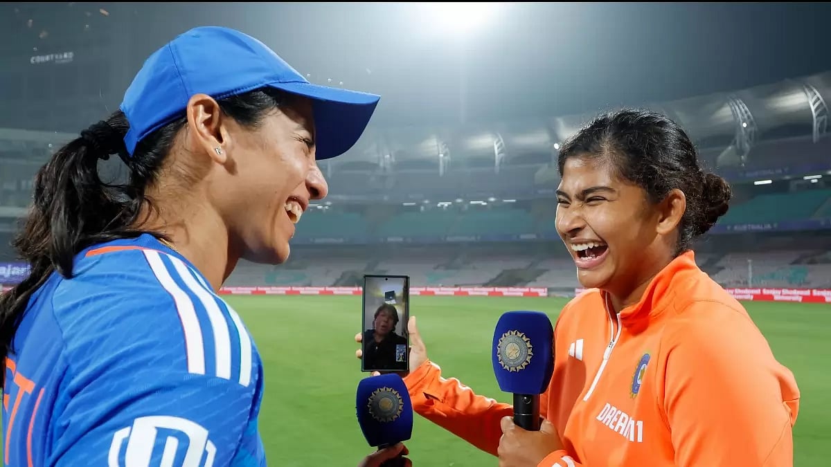 Smriti Mandhana (L) and Titas Sadhu in video-call conversation with Indian legend Jhulan Goswami after a 9-wicket win over Australia women in 1st T20I