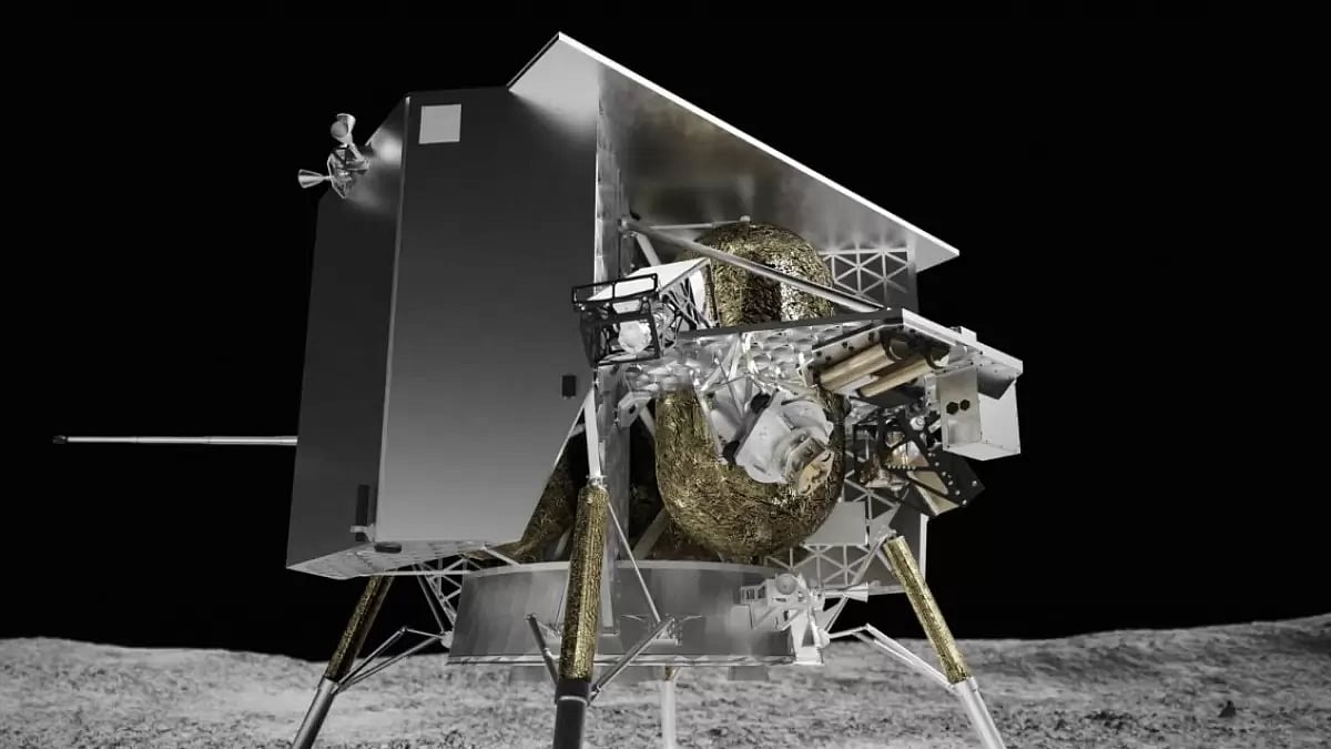 Illustration depicting the Peregrine lunar lander on the surface of the moon.