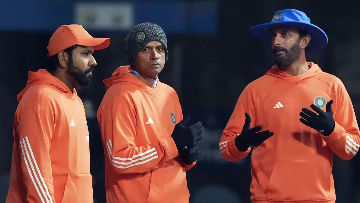 (From L to R) India captain Rohit Sharma along with head coach Rahul Dravid and batting coach Vikram Rathour at a practice session in Mohali ahead of the first T20I against Afghanistan.