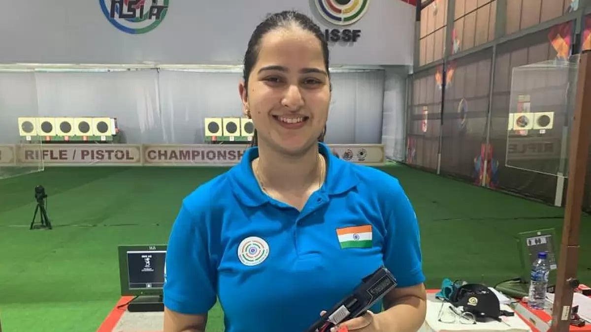Rhythm Sangwan celebrates her bronze medal at the Asian Olympic Qualifiers 2024 in Jakarta.