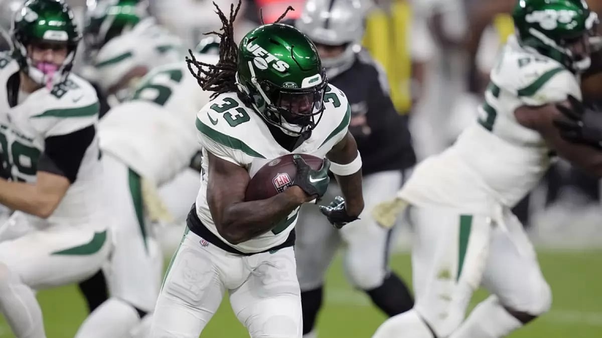 A glimpse of Dalvin Cook playing against the Las Vegas Raiders during the first half of an NFL football game on Nov. 12, 2023, in Las Vegas.