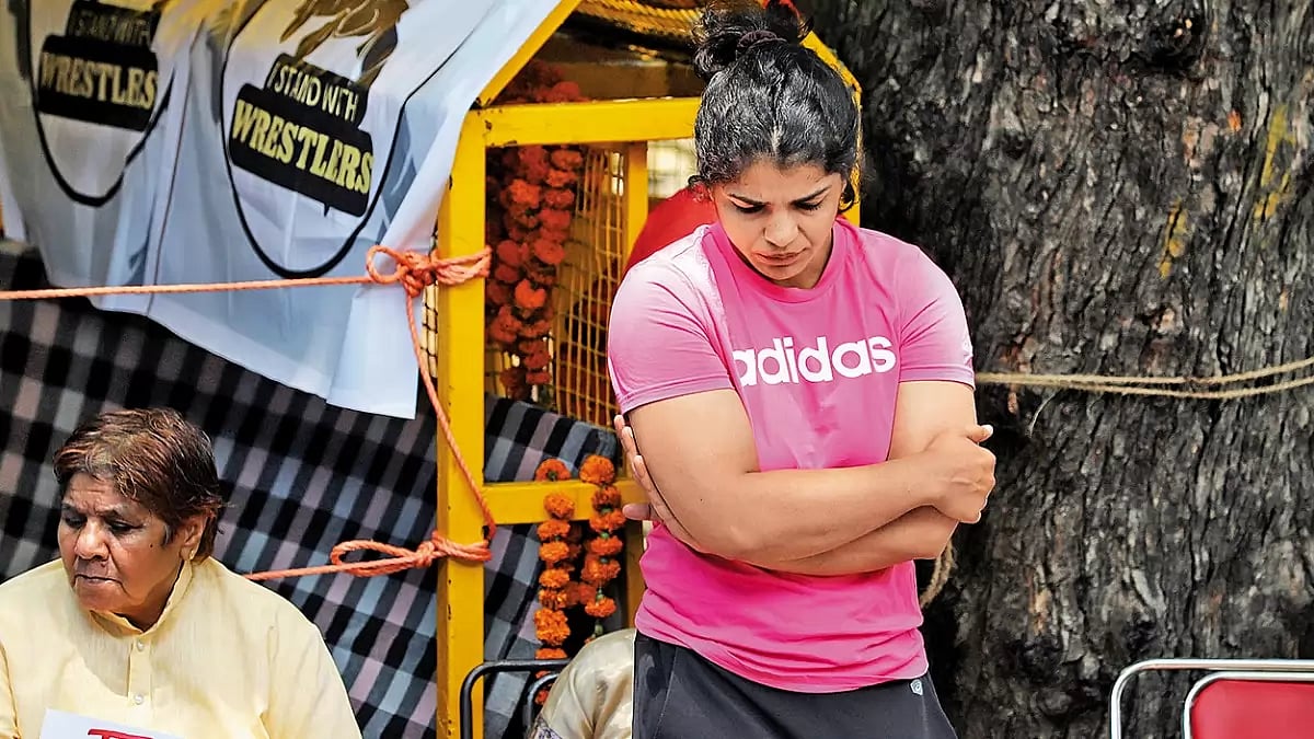 Sakshi Malik during the wrestler’s protest against the Wrestling Federation of India (WFI) chief Brij Bhushan Sharan Singh at Jantar Mantar in 2023
