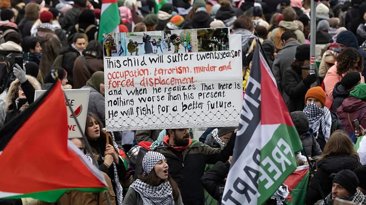 A pro-Palestinian protest outside ICJ in The Hague, Netherlands