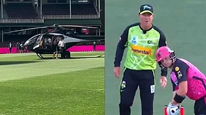 David Warner arrives in a helicopter (Left); Warner sledges former teammate Steve Smith (right)