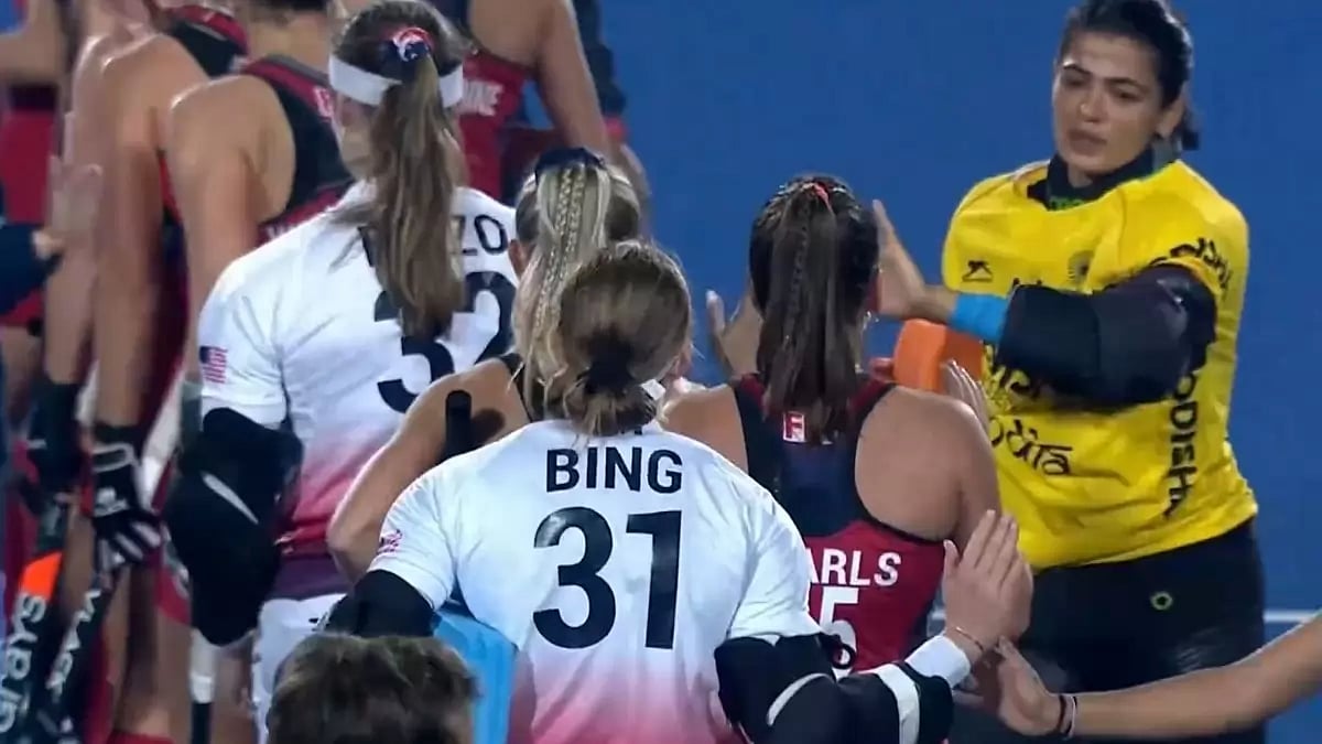 Savita Punia (right) at full-time after India's 0-1 defeat to USA