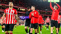 Athletic Bilbao players celebrate their victory over Real Sociedad in a La Liga 2023-24 match in Basque Country, Spain.