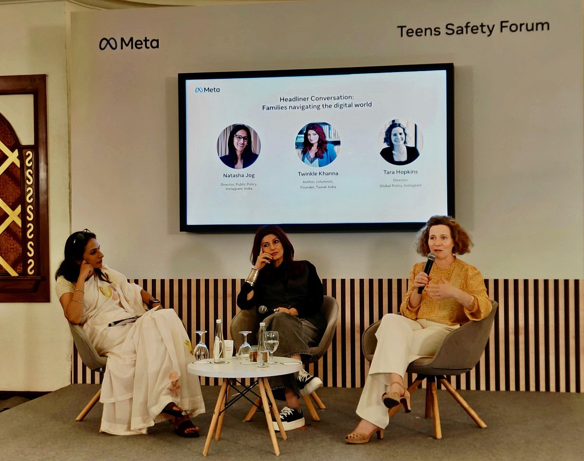 Meta : In the picture: (Centre) Twinkle Khanna, Author, Columnist, Founder - Tweak India & (Right) Tara Hopkins, Director- Global Policy, Instagram at the Teen Safety Forum hosted by Meta India