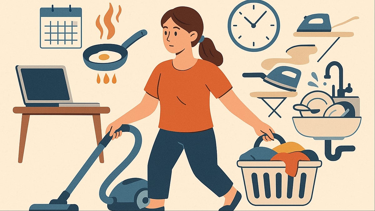 Women managing household chores and professional work.