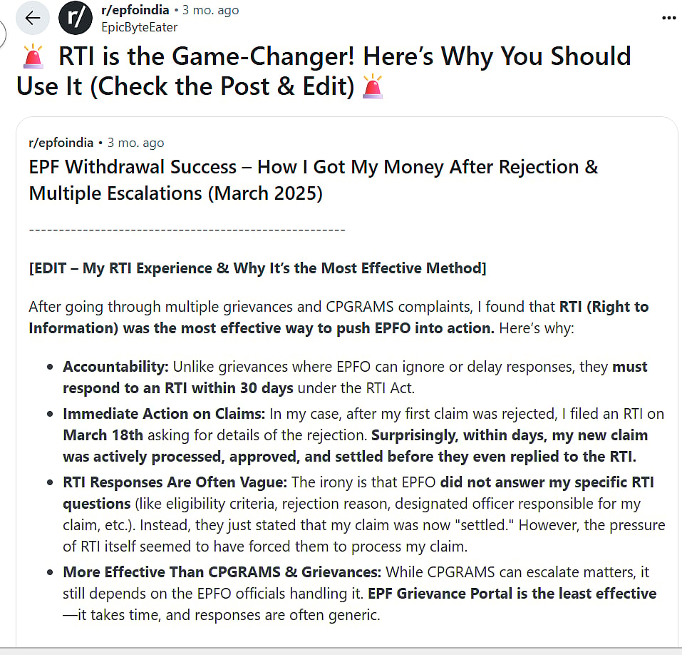 Image of a reddit user thread on how he used RTI to claim his EPF
