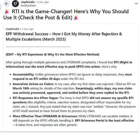 Image of a reddit user thread on how he used RTI to claim his EPF