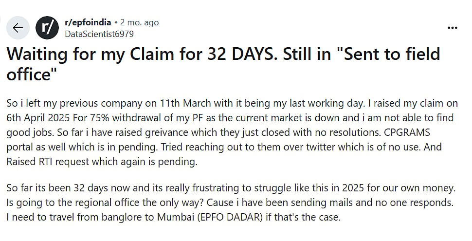 Image showing a reddit user thread on how he used RTI to claim his EPF