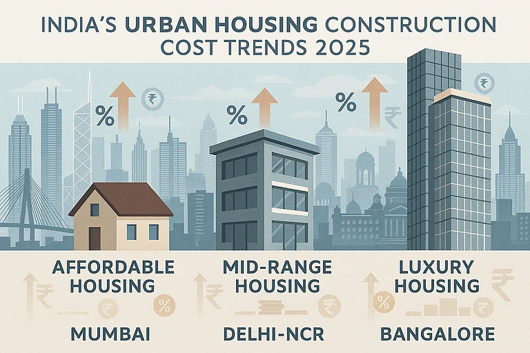 India housing construction costs in 2025: Affordable housing faces a 40% rise while supply drops, as luxury housing crosses INR 5,000 per sq. ft in metros." - Image created using AI