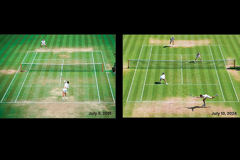 Left and Right: Wimbledon: July 9, 2001. Goran Ivanisevic (Croatia) in action during the Men’s Singles Final against Patrick Rafter (Australia). Wimbledon: Day Ten: July 10, 2024. Jan Zielinski (Poland) and Su-Wei Hsieh (Chinese Taipei) in action during the Mixed Doubles against Joe Salisbury and Heather Watson both of United Kingdom. Getty Images