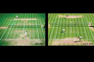 Left and Right: Wimbledon: July 9, 2001. Goran Ivanisevic (Croatia) in action during the Men’s Singles Final against Patrick Rafter (Australia). Wimbledon: Day Ten: July 10, 2024. Jan Zielinski (Poland) and Su-Wei Hsieh (Chinese Taipei) in action during the Mixed Doubles against Joe Salisbury and Heather Watson both of United Kingdom. Getty Images