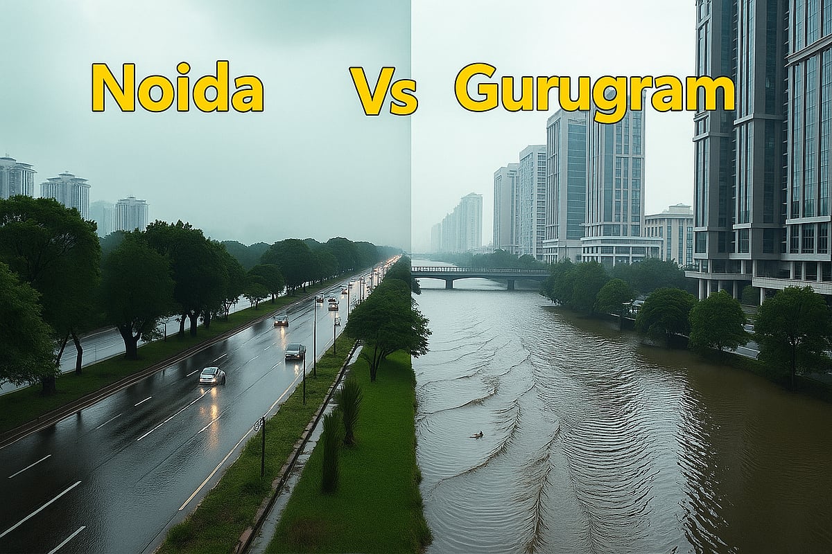 Image created using AI : When Monsoon Hits NCR: Why Noida Stays Afloat And Gurugram Struggles