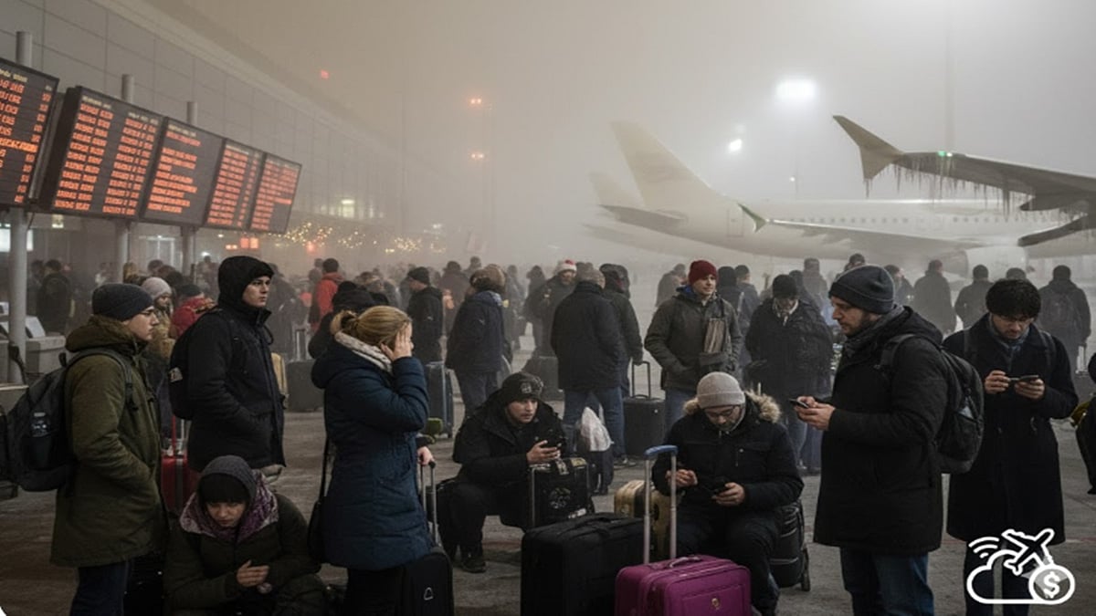 Image Generated by Gemini AI : 228 flights cancelled from Delhi airport due to dense fog