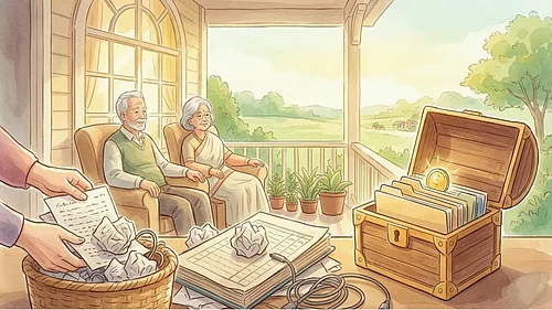 AI Generated : Senior reviewing financial papers before retirement