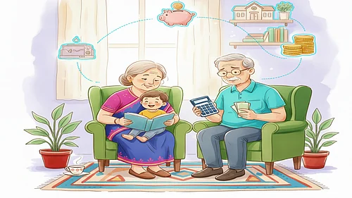 AI Generated : Senior couple budgeting while caring for grandchild
