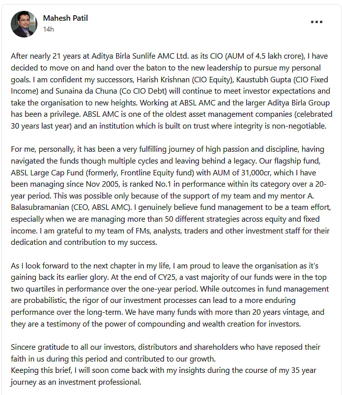 Mahesh Patils LinkedIn Post as he steps down as CIO- ABSL Mutual Fund