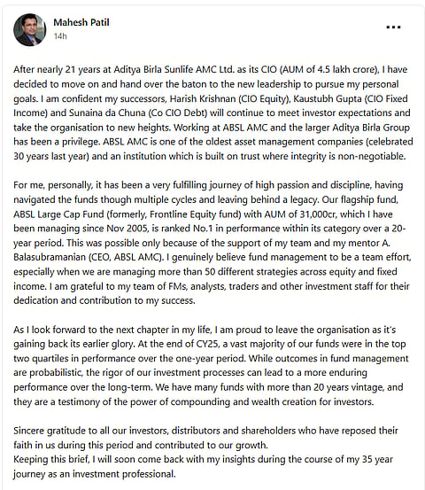 Mahesh Patil's LinkedIn Post as he steps down as CIO- ABSL Mutual Fund