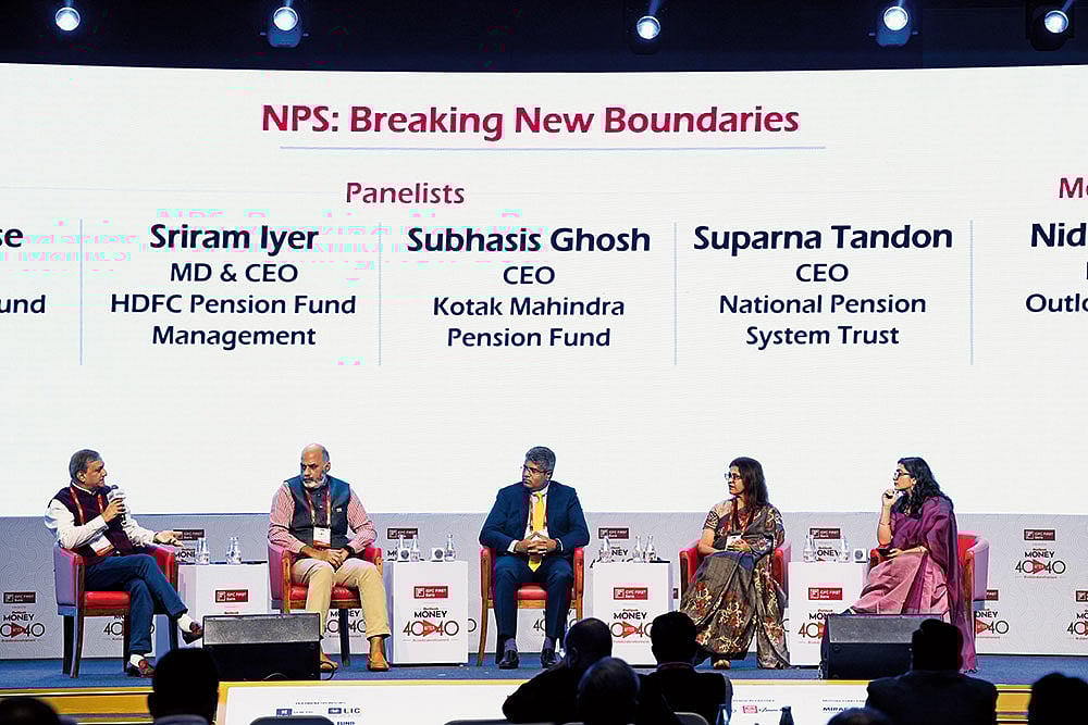 (L to R) Subhasis Ghosh, CEO, Kotak Mahindra Pension Fund; Sriram Iyer, MD & CEO, HDFC Pension Fund Management; Kurian Jose, CEO, Tata Pension Fund; Suparna Tandon, CEO, NPS Trust; Moderator: Nidhi Sinha, Editor, Outlook Money 