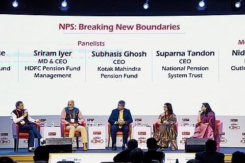 (L to R) Subhasis Ghosh, CEO, Kotak Mahindra Pension Fund; Sriram Iyer, MD & CEO, HDFC Pension Fund Management; Kurian Jose, CEO, Tata Pension Fund; Suparna Tandon, CEO, NPS Trust; Moderator: Nidhi Sinha, Editor, Outlook Money 