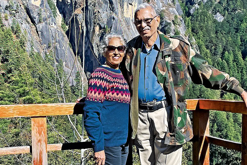 Krishnakumar and Latha Sarathy on the way to Tiger’s Nest Monastery in Bhutan - null
