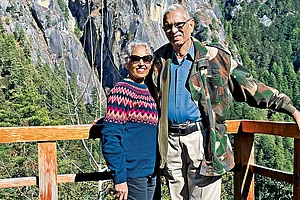 Krishnakumar and Latha Sarathy on the way to Tiger’s Nest Monastery in Bhutan