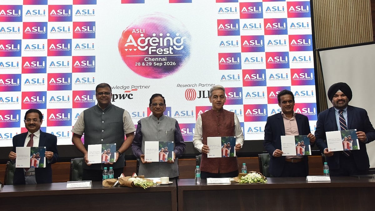 (From Left to Right) Dr. Rana Mehta, PwC India; Rajagopal G., Chairman, ASLI; Dr. V.K. Paul, Former Member, NITI Aayog; Sudhansh Pant, Secretary, Ministry of Social Justice & Empowerment, Ankur Gupta, JMD, Ashiana Housing; and  Karan Singh Sodi, SMD, JLL India, releasing the report