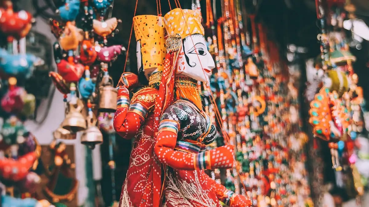 Close-up view of colorful decorations hanging.