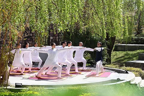 Yoga at the amphitheatre at Ananda in the Himalayas