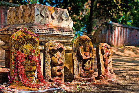 Naga deities in South India, richly decorated with kumkum and blooms