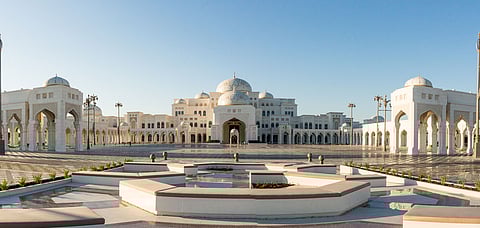 Qasr Al Watan, Abu Dhabi, newly opened for visitors. This is a panoramic view of the entrance and gardens