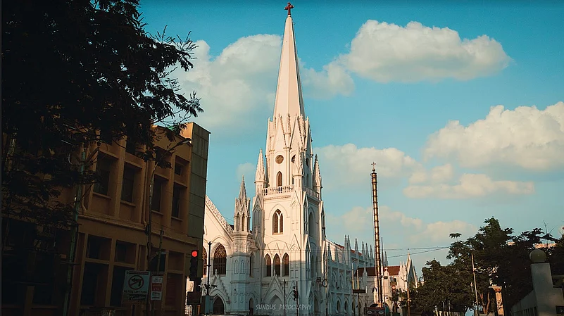 The stunning spires of the Santhome Cathedral Basilica in Chennai