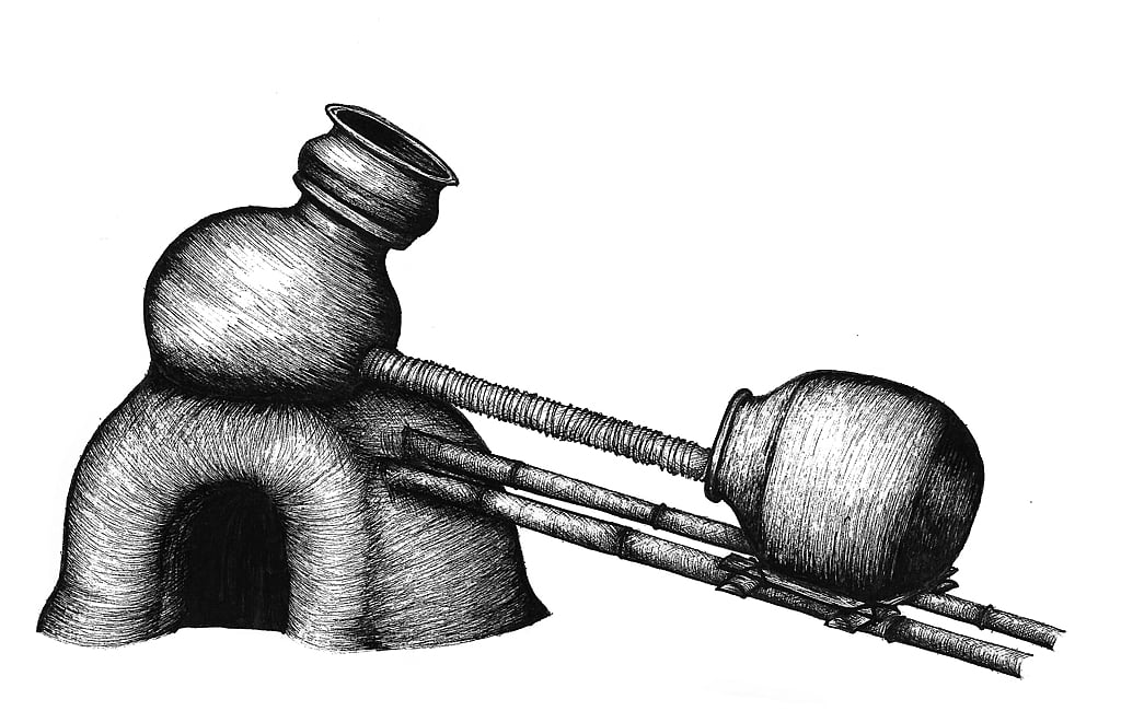 Post fermenting in an earthen pot, the juice is distilled