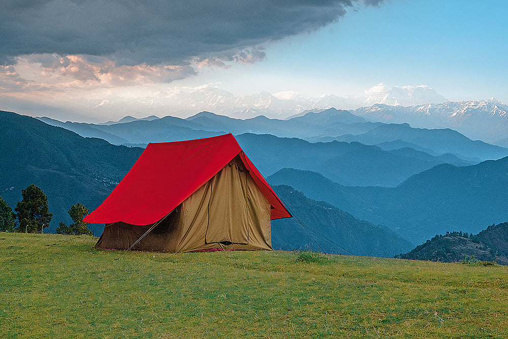 A tent against the Chaukhamba Peak