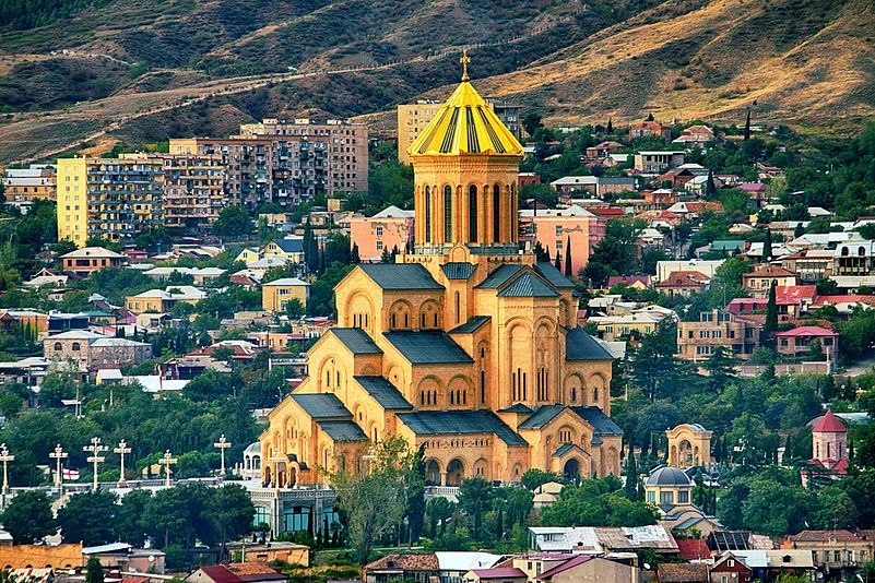 An aerial view of the Holy Trinity Cathedral in Tbilisi, Georgia