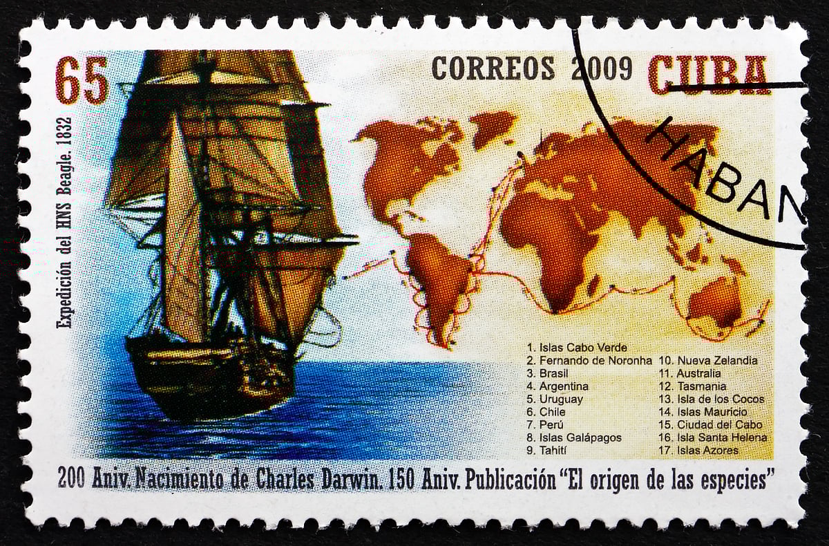 A stamp printed in Cuba shows HMS Beagle and its route
